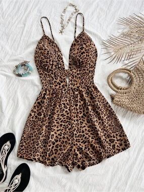 Leopard Print Spaghetti Strap One-Piece Romper - Brown NWOT